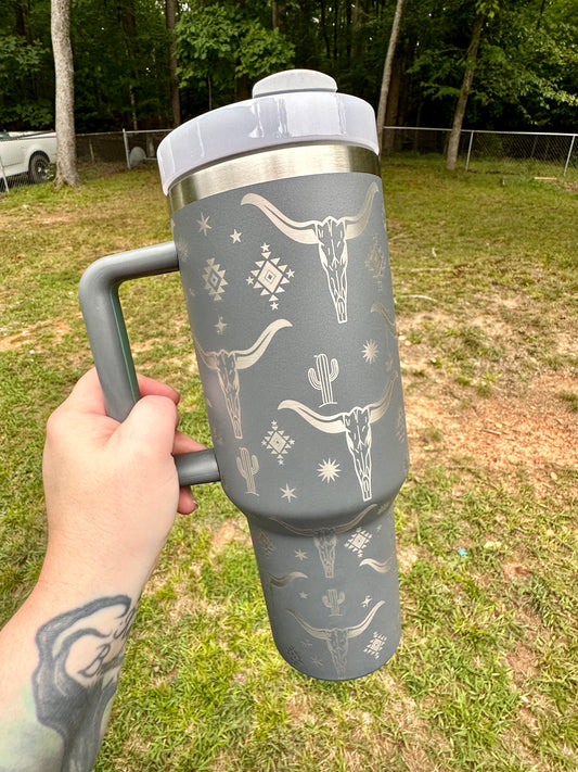 40oz Grey Longhorn Engraved Tumbler